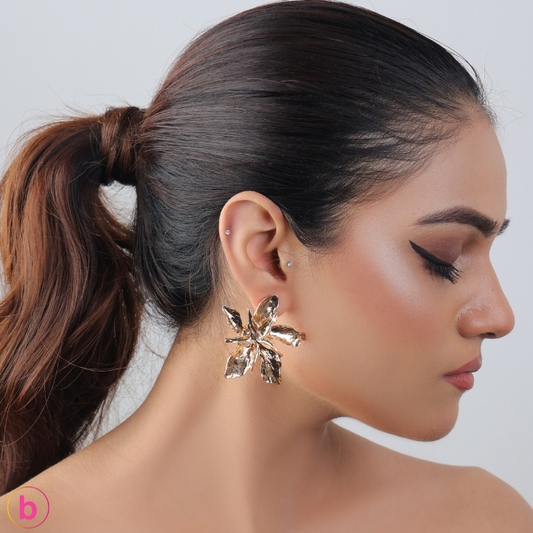 Flower Statement Earrings In Golden